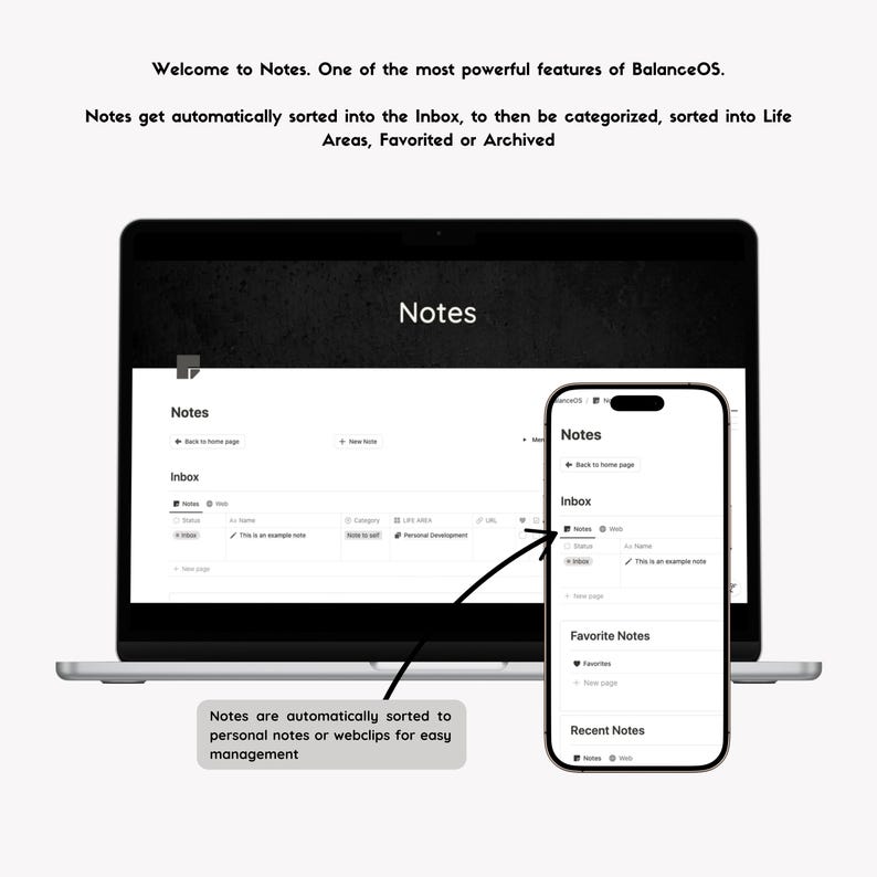 May include: A screenshot of a laptop and a mobile phone displaying a note-taking app called "Notes". The app allows users to organize notes into categories, such as "Inbox", "Favorite Notes", and "Recent Notes". The text on the screen reads "Welcome to Notes. One of the most powerful features of BalanceOS. Notes get automatically sorted into the Inbox, to then be categorized, sorted into Life Areas, Favorited or Archived."