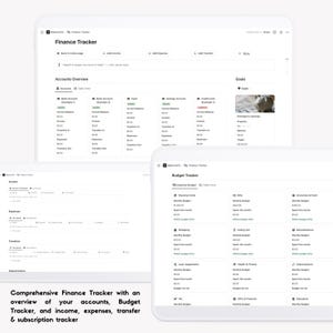 May include: A screenshot of a website showing a comprehensive finance tracker with an overview of accounts, budget tracker, income, expenses, transfer, and subscription tracker. The website has a clean and modern design with a white background and blue accents.