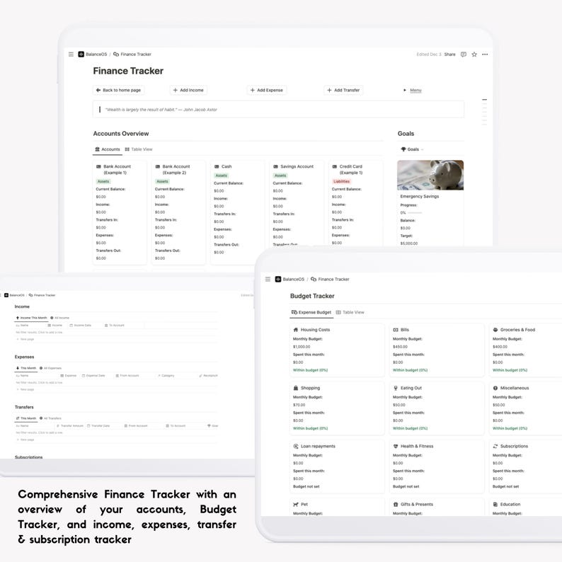 May include: A screenshot of a website showing a comprehensive finance tracker with an overview of accounts, budget tracker, income, expenses, transfer, and subscription tracker. The website has a clean and modern design with a white background and blue accents.