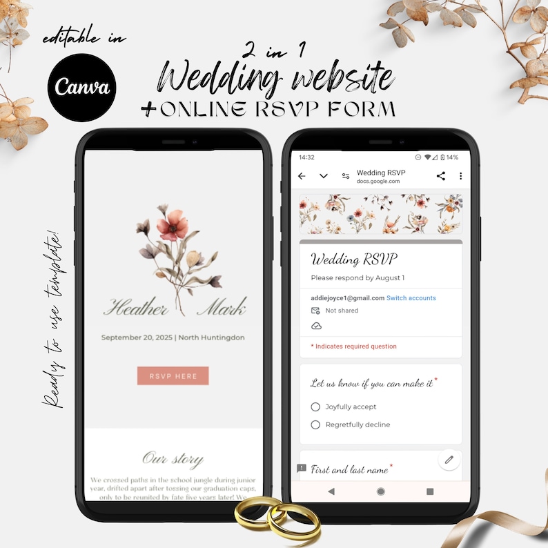 May include: A mockup of a wedding website and RSVP form on a smartphone. The website features a floral design with the names Heather and Mark, the date September 20, 2025, and the location North Huntingdon. The RSVP form includes a question asking guests to confirm their attendance and a field for entering their first and last name.