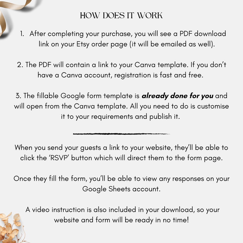 May include: A white background with black text explaining how to use a Canva template to create a website and RSVP form. The text includes the phrase "already done for you".