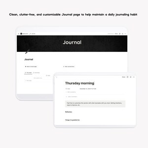 May include: A screenshot of a website showing a clean, customizable journal page with the title "Thursday morning" and a date of December 12, 2024. The page includes sections for adding a comment, reflection, and things you are grateful for.