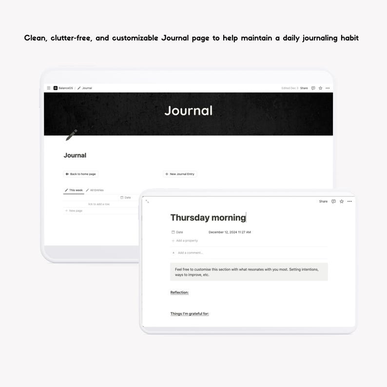 May include: A screenshot of a website showing a clean, customizable journal page with the title "Thursday morning" and a date of December 12, 2024. The page includes sections for adding a comment, reflection, and things you are grateful for.