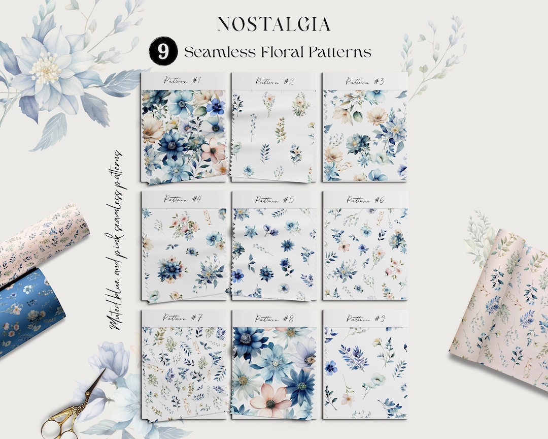 Floral Seamless Patterns | Digital Paper Set | Blue & Pink Flowers ...