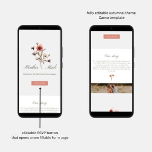 May include: A digital wedding invitation template with an autumnal theme. The template features a floral illustration with a watercolor effect, a couple's names, the wedding date, and the location. The template also includes a clickable RSVP button that opens a new fillable form page.