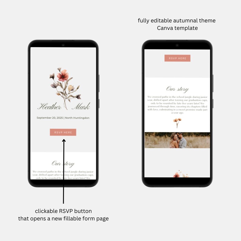May include: A digital wedding invitation template with an autumnal theme. The template features a floral illustration with a watercolor effect, a couple's names, the wedding date, and the location. The template also includes a clickable RSVP button that opens a new fillable form page.