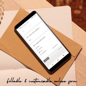 May include: A mobile phone displaying a fillable online form with a question about food allergies and a multiple choice question about preferred food options. The options include beef, chicken, fish, and vegetarian.