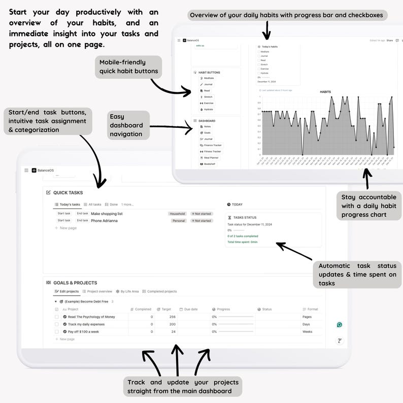 May include: A screenshot of a computer screen showing a productivity app with a white background and gray text. The app has sections for quick tasks, goals and projects, and daily habits. The app also includes a progress bar and checkboxes for tracking progress.