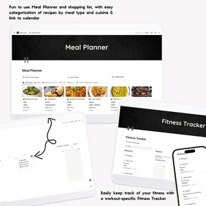 May include: A screenshot of a computer screen showing a meal planner app with a calendar, shopping list, and recipes. The app is designed to help users plan their meals and track their fitness. The app has a black and white color scheme and a simple, modern design.
