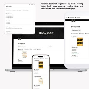May include: A screenshot of a digital bookshelf app showing a list of books organized by reading status, page progress, reading time, and book review. The app shows the book "Deep Work" by Cal Newport, which is currently being read, and the book "Atomic Habits" by James Clear, which is in the "Self Improvement" category.