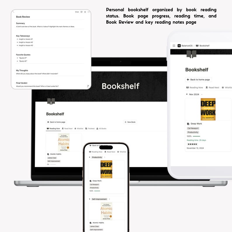 May include: A screenshot of a digital bookshelf app showing a list of books organized by reading status, page progress, reading time, and book review. The app shows the book "Deep Work" by Cal Newport, which is currently being read, and the book "Atomic Habits" by James Clear, which is in the "Self Improvement" category.