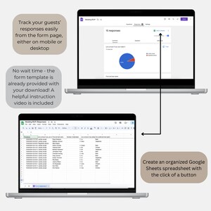 May include: Screenshot of a computer screen showing a Google Sheets spreadsheet with data from a wedding RSVP form. The spreadsheet is organized with columns for guest names, number of attendees, dietary restrictions, and preferred meal options. The screen also shows a pie chart with the text "15 responses".