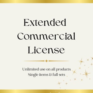 May include: A gold and white graphic with the text "Extended Commercial License" and the text "Unlimited use on all products Single items & full sets".