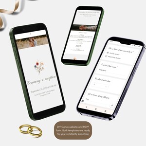 May include: A mobile phone screen displaying a wedding ceremony and reception invitation with a floral design. The invitation includes the date, time, and location of the event. The phone screen also displays a wedding RSVP form with options to accept, decline, or provide additional information.