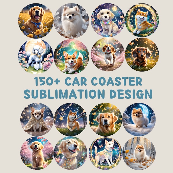 Cute Dog Car Coaster Sublimation, Kawaii Dog Car Coaster PNG,  Template Instant Download, Digital File, PNG File, Bundle of 150+
