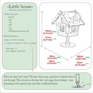 May include: Line drawing of a small house with a pointed roof, windows, and a birdhouse-style base. The drawing includes measurements in inches and millimeters. The text "Little house" is at the top of the drawing. The text "What does laser kerf mean?" is at the bottom of the drawing, with an illustration of a laser cutting through a piece of wood.