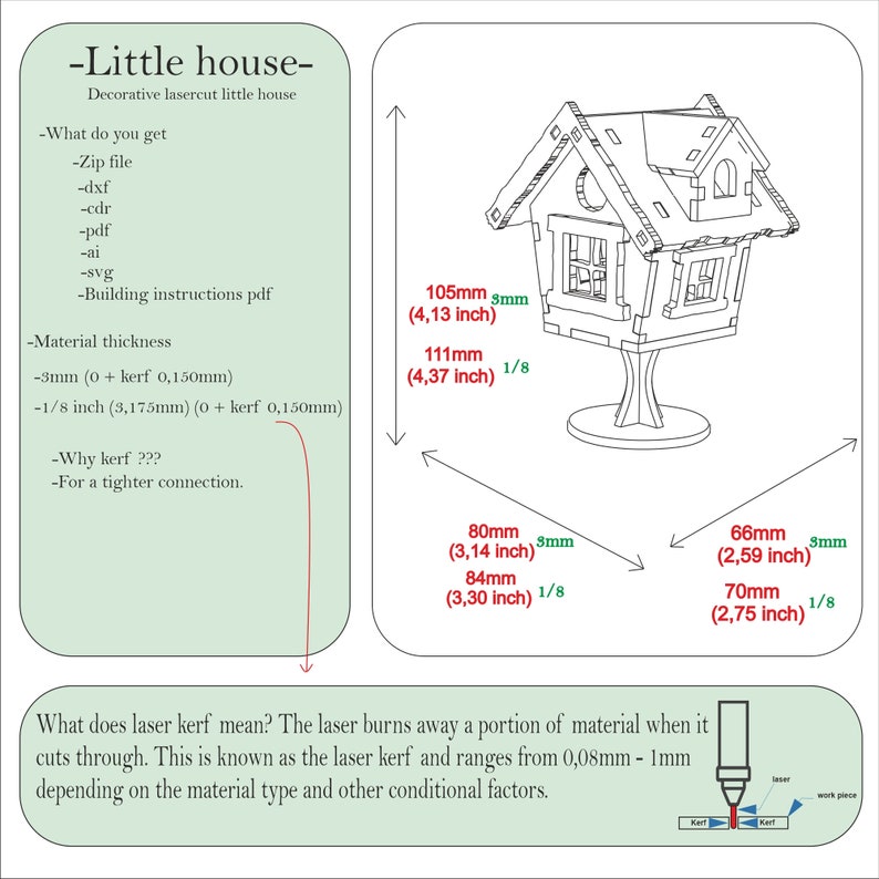 May include: Line drawing of a small house with a pointed roof, windows, and a birdhouse-style base. The drawing includes measurements in inches and millimeters. The text "Little house" is at the top of the drawing. The text "What does laser kerf mean?" is at the bottom of the drawing, with an illustration of a laser cutting through a piece of wood.
