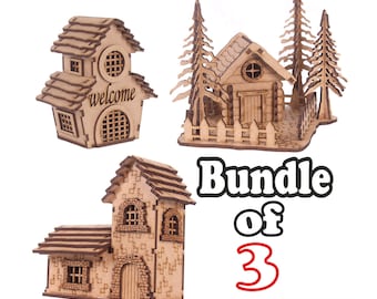 Lasergeschnittenes Mini-Häuser-Paket mit 3 digitalen Downloads im SVG-, dxf-, ai-, pdf-, cdr-Format