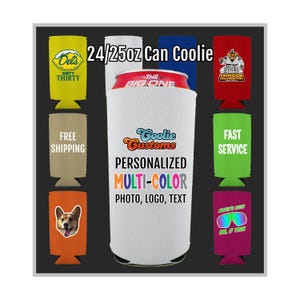 May include: A collection of colorful can coolers with various designs and text. The central cooler is white and features the text "Goolie Customs, Personalized, Multi-Color, Photo, Logo, Text."