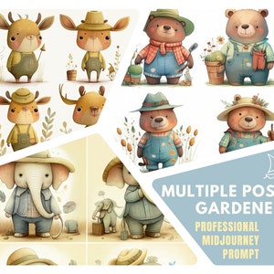 Single Prompt: Multiple Poses Animal Gardeners Midjourney Prompt | Beautiful Drawing of Animal as Nursery Art | Animal In Garden