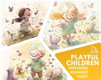 Single Prompt: Watercolor Kids Playing with Puppies and Butterflies Midjourney Prompt | Nursery Art | Kids Bedroom Wall Art