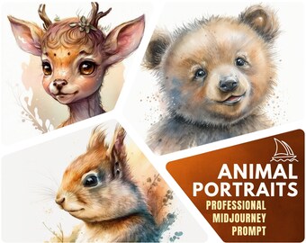 Single Prompt: Watercolor Animal Portraits Midjourney Prompt | Nursery Art for Print | Animals for Kids Bedroom