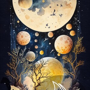 May include: A watercolor painting of a moon with a dark blue and gold color scheme. The moon is surrounded by smaller moons and stars. There are trees in the foreground with a sailboat in the water.