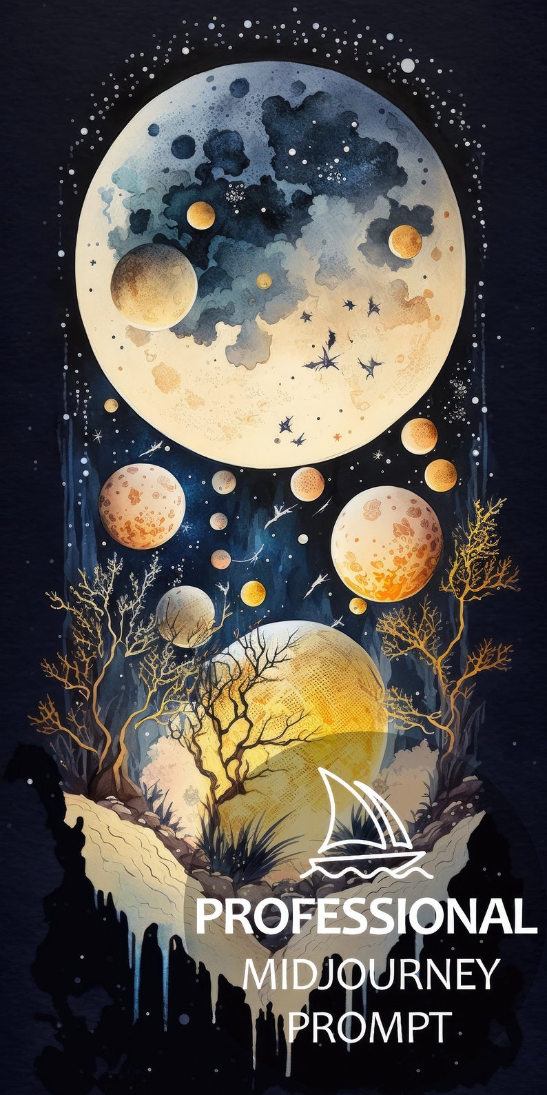 May include: A watercolor painting of a moon with a dark blue and gold color scheme. The moon is surrounded by smaller moons and stars. There are trees in the foreground with a sailboat in the water.