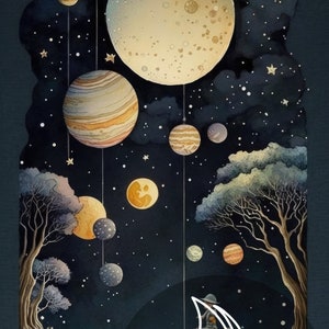 May include: A watercolor painting of a starry night sky with planets hanging from strings. The planets are different sizes and colors, and there are stars scattered throughout the sky. There are two trees in the foreground, and a small boat with a person in it is sailing on a body of water. The text "PROFESSIONAL MIDJOURNEY PROMPT" is at the bottom of the image.