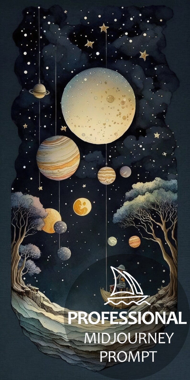 May include: A watercolor painting of a starry night sky with planets hanging from strings. The planets are different sizes and colors, and there are stars scattered throughout the sky. There are two trees in the foreground, and a small boat with a person in it is sailing on a body of water. The text "PROFESSIONAL MIDJOURNEY PROMPT" is at the bottom of the image.