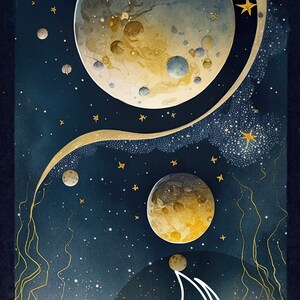 May include: A watercolor painting of a starry night sky with two large moons and a sailboat. The moons are a light blue and yellow with a textured surface. The sailboat is white and is in the lower right corner of the image. The text "PROFESSIONAL MIDJOURNEY PROMPT" is in the lower center of the image.