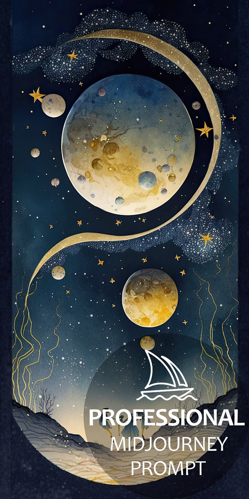 May include: A watercolor painting of a starry night sky with two large moons and a sailboat. The moons are a light blue and yellow with a textured surface. The sailboat is white and is in the lower right corner of the image. The text "PROFESSIONAL MIDJOURNEY PROMPT" is in the lower center of the image.