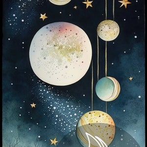 May include: A watercolor painting of a dark blue night sky with a galaxy of white stars and a series of planets hanging from strings. The planets are various shades of blue, yellow, and white. The painting is framed by a dark blue circle with the text "PROFESSIONAL MIDJOURNEY PROMPT" in white.