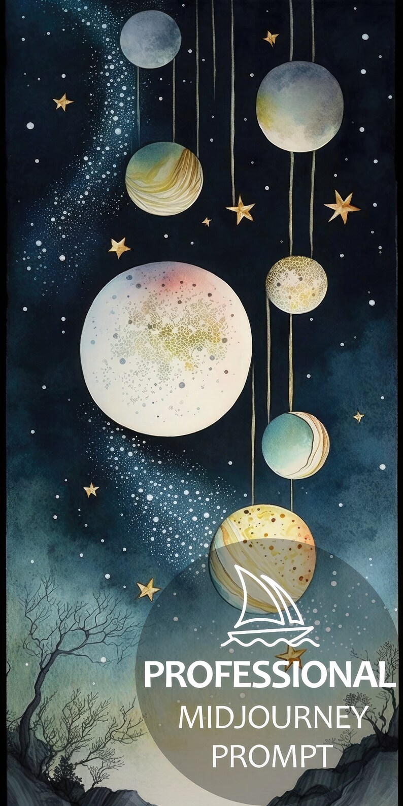 May include: A watercolor painting of a dark blue night sky with a galaxy of white stars and a series of planets hanging from strings. The planets are various shades of blue, yellow, and white. The painting is framed by a dark blue circle with the text "PROFESSIONAL MIDJOURNEY PROMPT" in white.