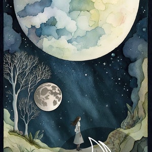 May include: A watercolor painting of a night sky with a large, crescent moon, a smaller moon, and a few stars. A woman in a white dress stands on a path leading to a river. The river flows into a larger body of water with a sailboat. The text "PROFESSIONAL MIDJOURNEY PROMPT" is at the bottom of the image.