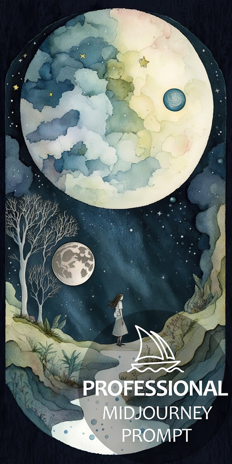 May include: A watercolor painting of a night sky with a large, crescent moon, a smaller moon, and a few stars. A woman in a white dress stands on a path leading to a river. The river flows into a larger body of water with a sailboat. The text "PROFESSIONAL MIDJOURNEY PROMPT" is at the bottom of the image.