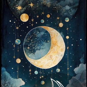 May include: A watercolor painting of a crescent moon with a starry sky and a sailboat in the foreground. The moon is surrounded by smaller planets and stars. The painting is in shades of blue, gold, and white.