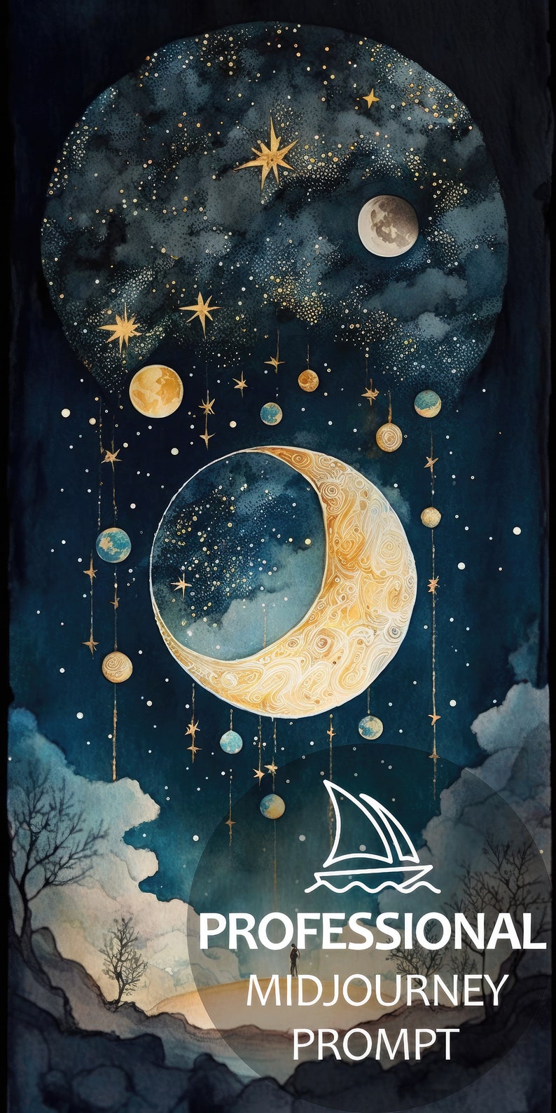May include: A watercolor painting of a crescent moon with a starry sky and a sailboat in the foreground. The moon is surrounded by smaller planets and stars. The painting is in shades of blue, gold, and white.