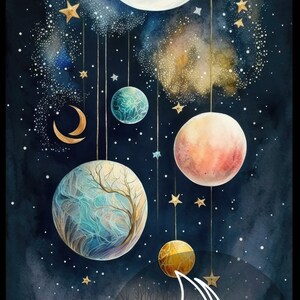 May include: A watercolor painting of a starry night sky with a crescent moon and several planets hanging from strings. The planets are painted in shades of blue, green, orange, and pink. The painting is framed by two bare trees with branches reaching up towards the sky. The text "PROFESSIONAL MIDJOURNEY PROMPT" is written in white at the bottom of the painting.