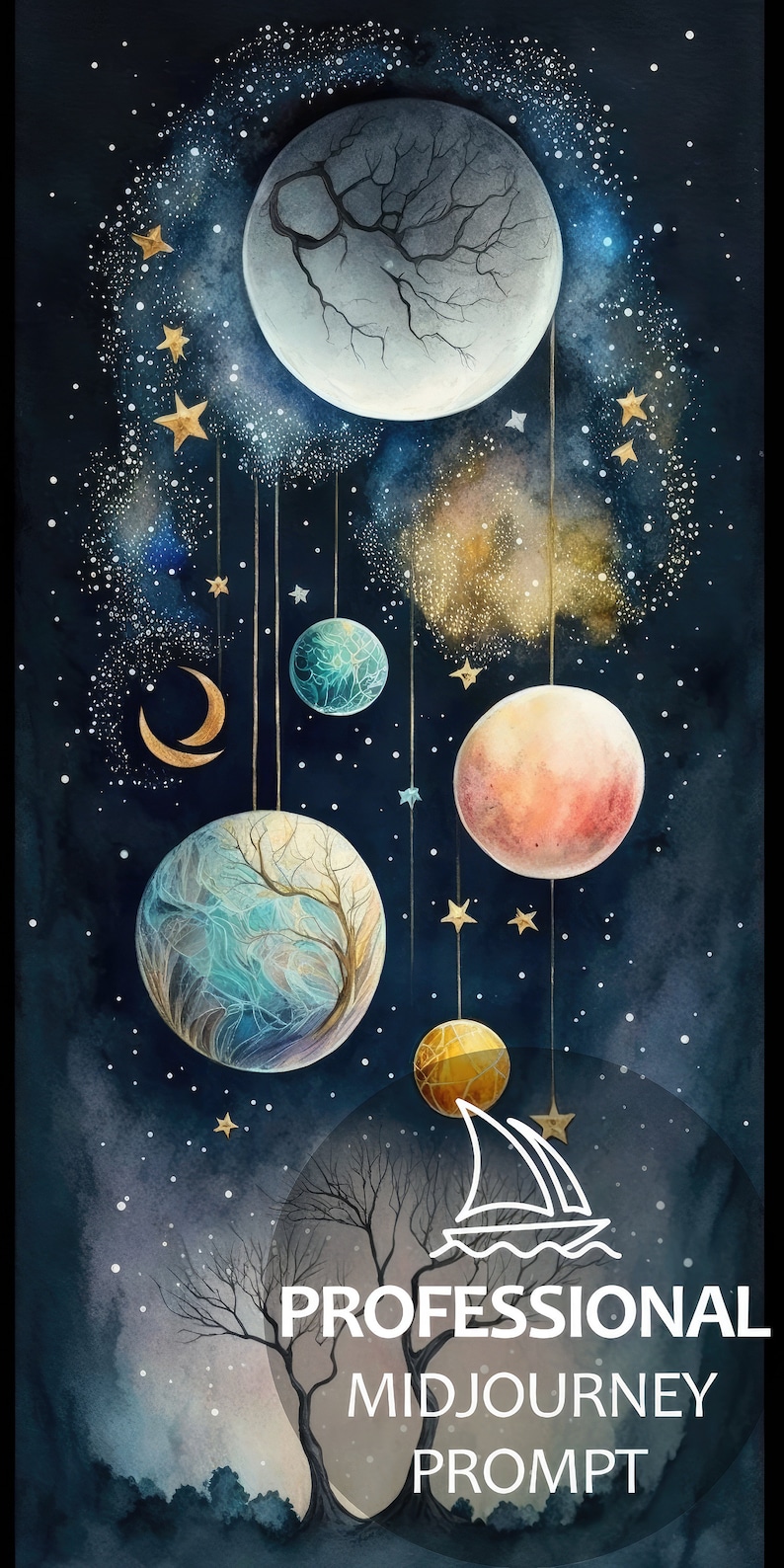 May include: A watercolor painting of a starry night sky with a crescent moon and several planets hanging from strings. The planets are painted in shades of blue, green, orange, and pink. The painting is framed by two bare trees with branches reaching up towards the sky. The text "PROFESSIONAL MIDJOURNEY PROMPT" is written in white at the bottom of the painting.