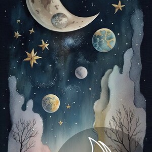 May include: A watercolor painting of a crescent moon, stars, and planets in a dark blue sky. The moon is large and has a textured surface. There are several small stars scattered throughout the sky, and a few larger stars are clustered together. There are also three planets visible, one of which is a large, blue planet with white clouds. The painting is framed by a dark blue border.
