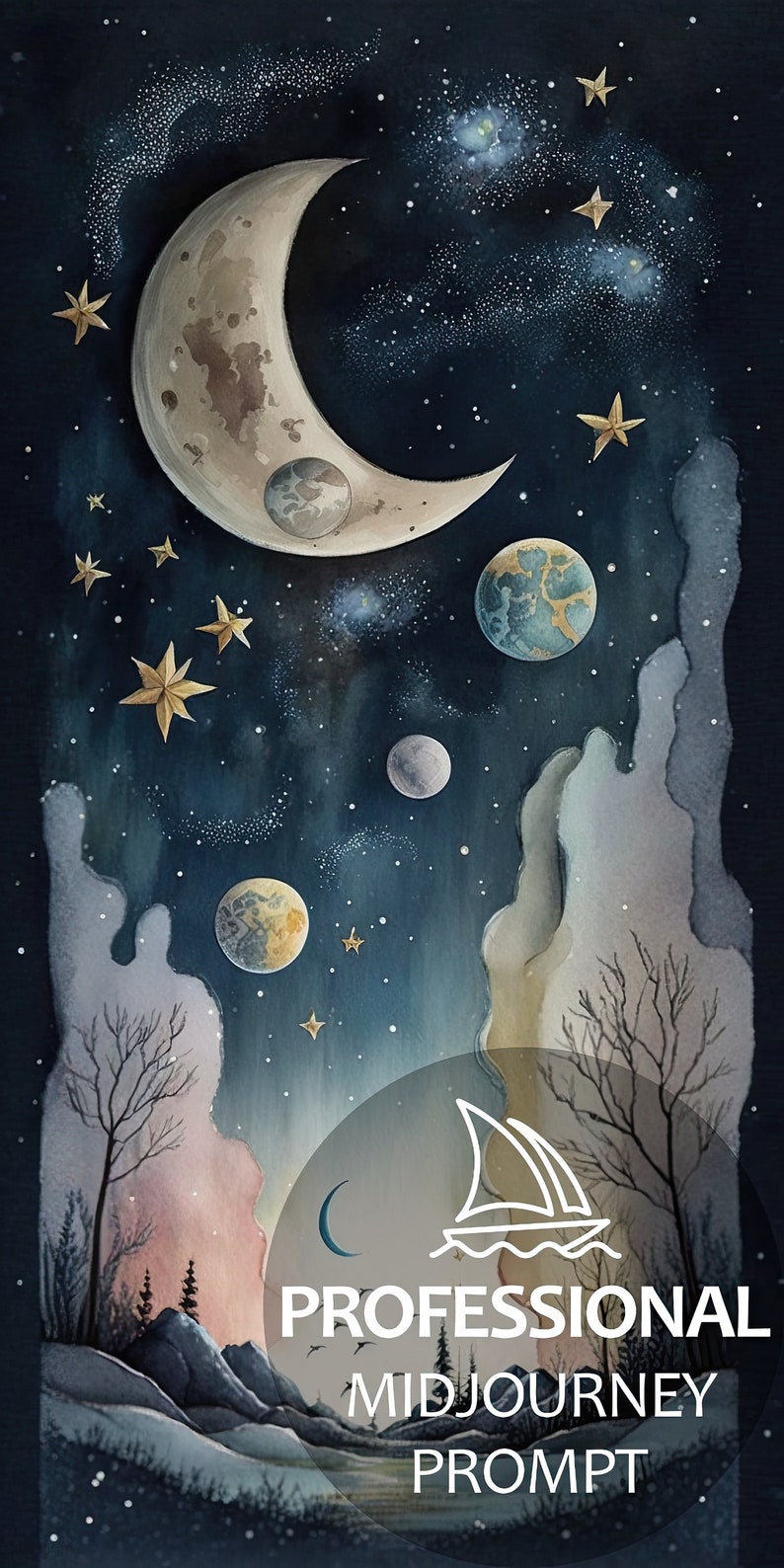 May include: A watercolor painting of a crescent moon, stars, and planets in a dark blue sky. The moon is large and has a textured surface. There are several small stars scattered throughout the sky, and a few larger stars are clustered together. There are also three planets visible, one of which is a large, blue planet with white clouds. The painting is framed by a dark blue border.