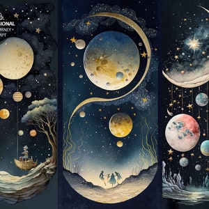 May include: A watercolor painting of a dark blue night sky with a crescent moon and stars. The moon is surrounded by a golden halo and there are several planets and stars scattered throughout the sky. The painting is in a whimsical style and features a small boat sailing on the moon.