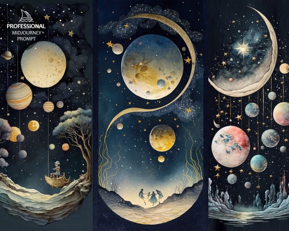 Single Prompt: Watercolor Stars and Planets Midjourney Prompt | Nursery Art for Print | Stars for Kids Bedroom