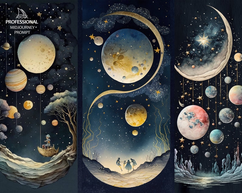 May include: A watercolor painting of a dark blue night sky with a crescent moon and stars. The moon is surrounded by a golden halo and there are several planets and stars scattered throughout the sky. The painting is in a whimsical style and features a small boat sailing on the moon.