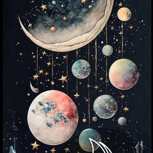 May include: A watercolor painting of a crescent moon with stars and planets hanging from it. The planets are painted in shades of blue, pink, and orange. The background is a dark blue with white stars. The text "PROFESSIONAL MIDJOURNEY PROMPT" is at the bottom of the image.