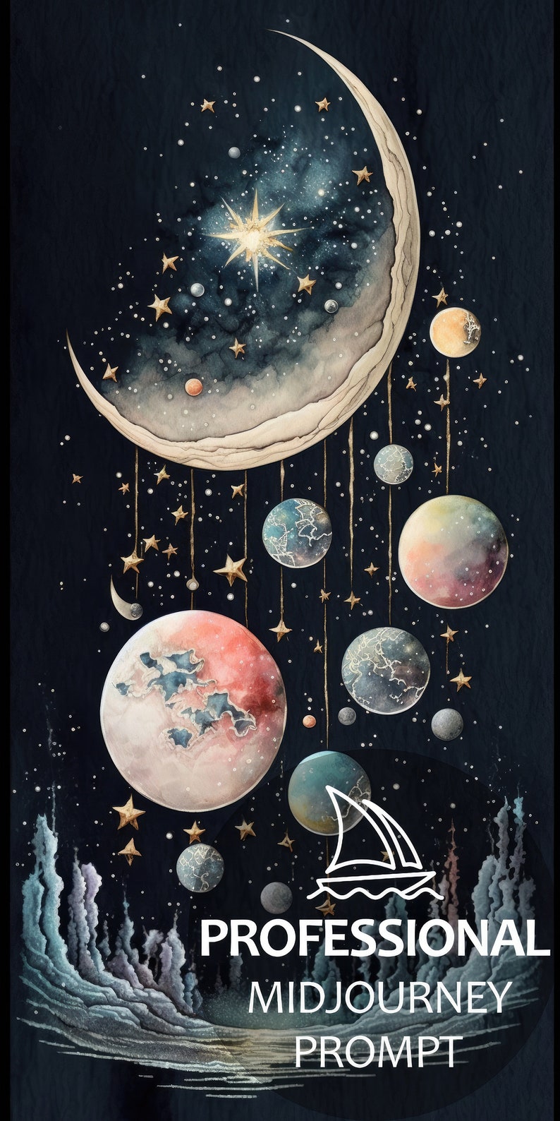 May include: A watercolor painting of a crescent moon with stars and planets hanging from it. The planets are painted in shades of blue, pink, and orange. The background is a dark blue with white stars. The text "PROFESSIONAL MIDJOURNEY PROMPT" is at the bottom of the image.