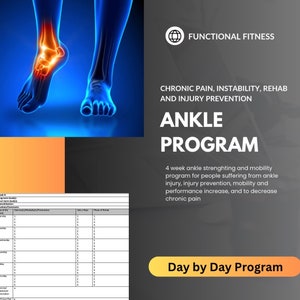 May include: A blue illustration of an ankle with a red highlight around the joint. The text reads "Functional Fitness" and "Ankle Program". The text below describes a 4-week ankle strengthening and mobility program for people suffering from ankle injury, injury prevention, mobility and performance increase, and to decrease chronic pain. The text also reads "Day by Day Program".