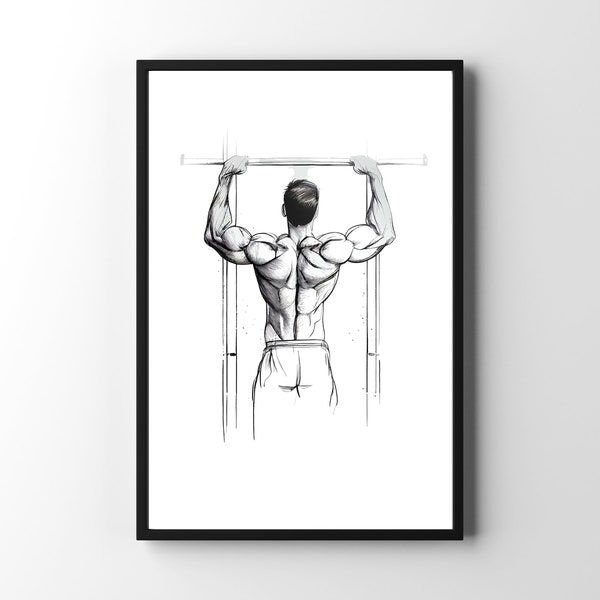 Pull-Up Gym Wall Art For Home Gym Decor Art Pencil Sketch Male Pull Up Exercise Lover Art Gift Calisthenics Workout Print Instant Download