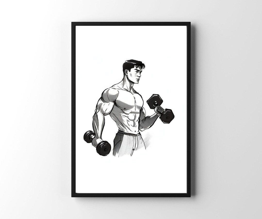 Gym Wall Art for Home Gym Male Bicep Curl Pencil Sketch Style Fitness